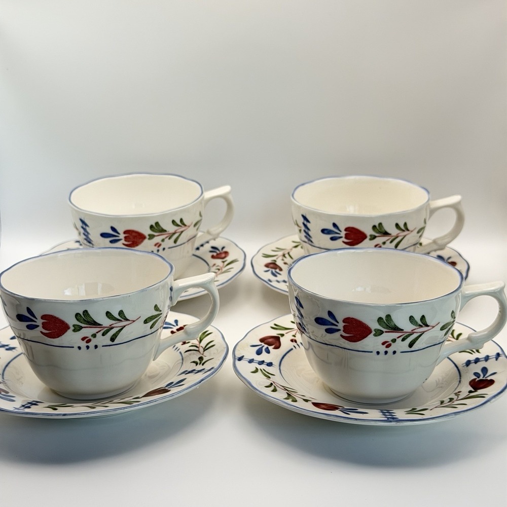 Vintage Nikko Provincial Designs Japan Tea Cups Saucers Set 4 Folk Art Flora
